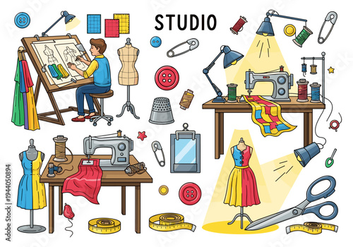 Fashion design studio with sewing machines, mannequins, and tailor tools