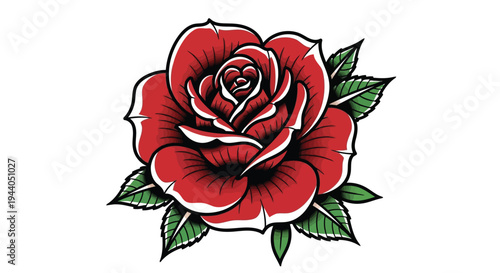 A detailed tattoo-style illustration of a vibrant red rose with green leaves and stems Vector