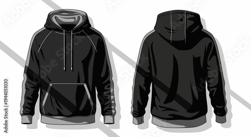 Black hoodie, front and back view, realistic illustration, sportswear