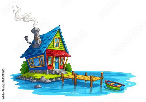 Whimsical cartoon house on a small island with a dock and a rowboat