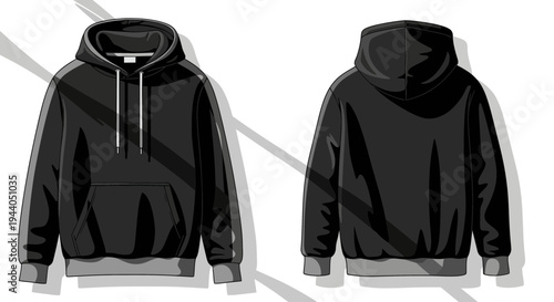 Black Hoodie Template Front and Back View Vector Illustration
