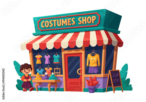 Charming cartoon costume shop storefront with a child looking at hats and clothes