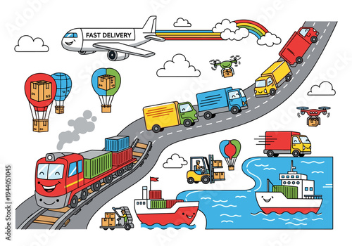 Diverse cartoon vehicles and aircraft transport packages across land, air, and sea