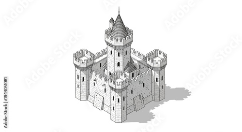 Medieval stone castle fortress, isometric view, white background