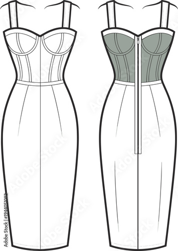 Flat sketch of bodycon midi dress with corset bodice, back zipper, structured cups, fitted silhouette, CAD drawing vector illustration