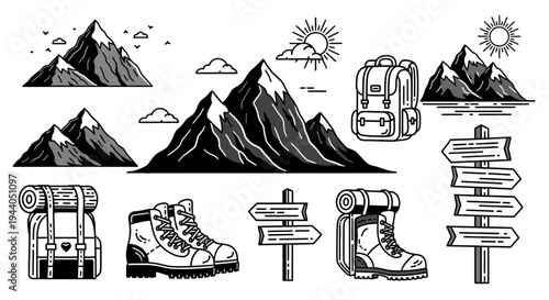 Hiking Adventure Icons: Mountains, Backpacks, Boots, and Signposts