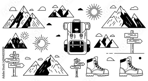 Hiking Adventure Icons: Backpack, Boots, Mountains, Sun, Clouds, Signposts