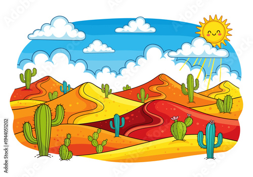 Vibrant cartoon desert landscape with cacti, rolling dunes, and a smiling sun