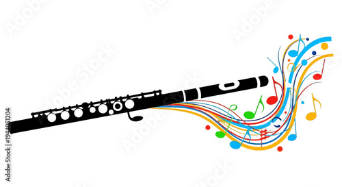 Black Flute Instrument With Colorful Notes.