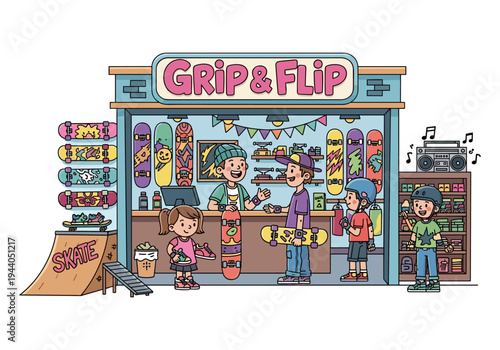 Diverse group of kids shopping for skateboards and gear at a colorful skate shop