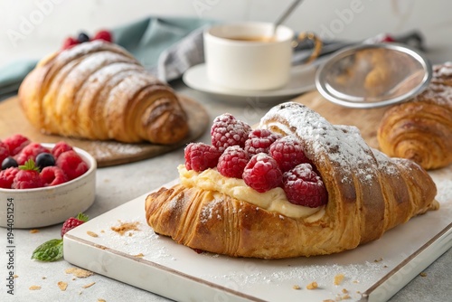 Freshly baked croissant filled with cream and raspberries, served on a marble countertop with coffee
