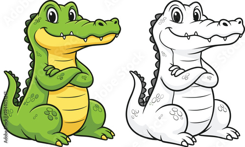 Cartoon crocodile pair colored and outline drawing, cute animal character coloring page, playful flat vector illustration