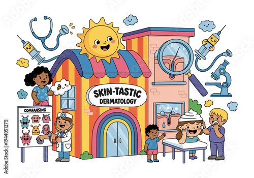 Children's dermatology clinic with cute characters and medical equipment for skin care