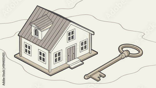 A minimalist vector illustration of a house with a key, symbolizing home ownership and real estate.
