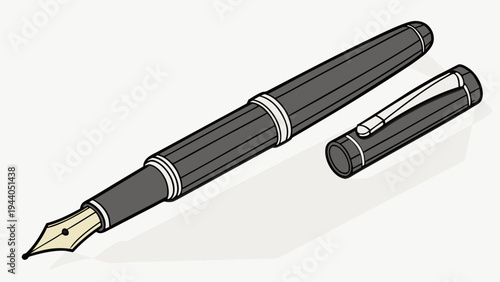 A vector graphic illustration of a black fountain pen with a gold nib and cap on a white background