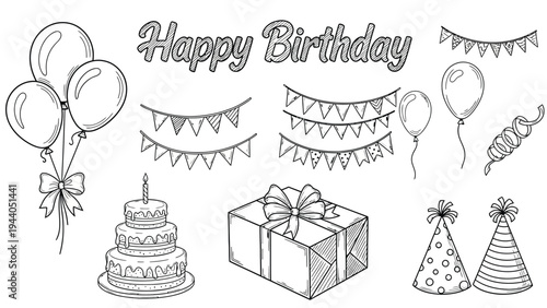 Happy birthday celebration elements, cake, balloons, gift box, party hats, banners, confetti, festive greeting, party supplies