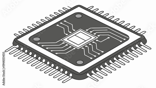 A detailed vector illustration of a computer microchip with a white background