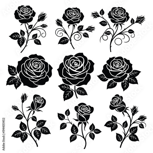 Elegant black and white line art roses in various stylized forms Vector