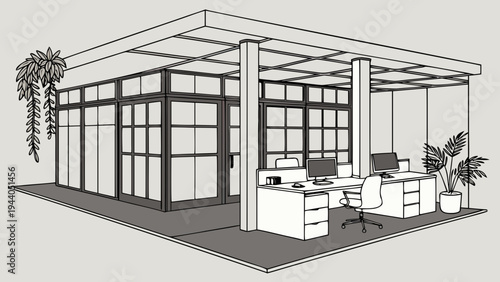 A minimalist vector illustration of a modern office space with a glass-walled cubicle and a desk with computers