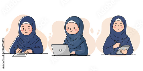 Muslim woman in hijab working on laptop, tablet, and paperwork