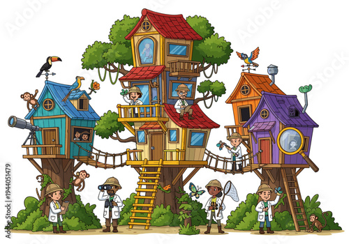 Children explorers in colorful treehouses studying nature with binoculars and nets