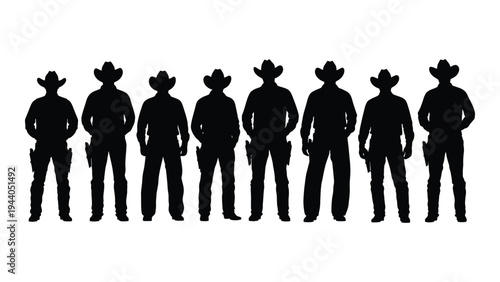 A group of cowboys standing in a line, showcasing their unique silhouettes against a plain white background, highlighting their cowboy hats and boots