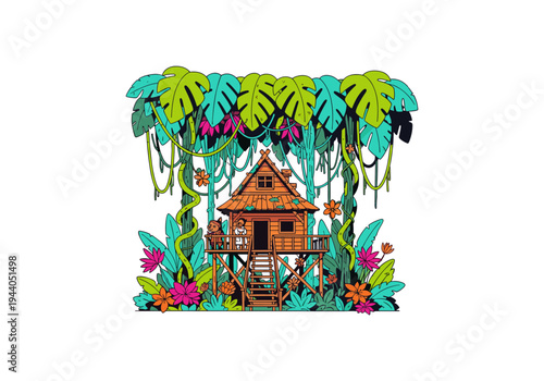 Charming wooden treehouse nestled amidst lush jungle foliage and vibrant flowers