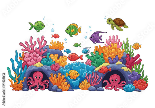 Vibrant underwater coral reef scene with colorful fish, octopuses, and a turtle