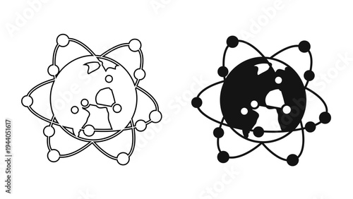 Global Network Connectivity Icon, World Map with Digital Data Orbiting Nodes for IoT and Telecommunication