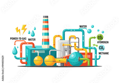 Power-to-gas technology schematic showing conversion of electricity and water into hydrogen and methane