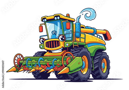 Happy cartoon combine harvester with a smiling face, ready for harvest season