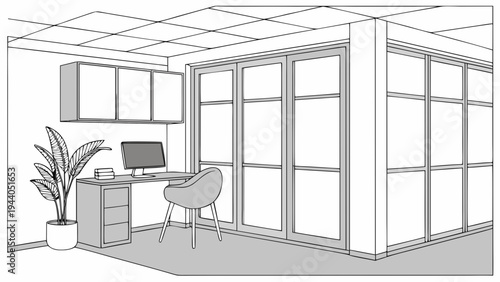 A minimalist line art illustration of a modern office workspace with a desk and chair