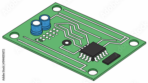 A green electronic circuit board with various components and white lines on a plain white background