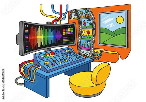 Creative video editing station with sound mixing board and film strip display