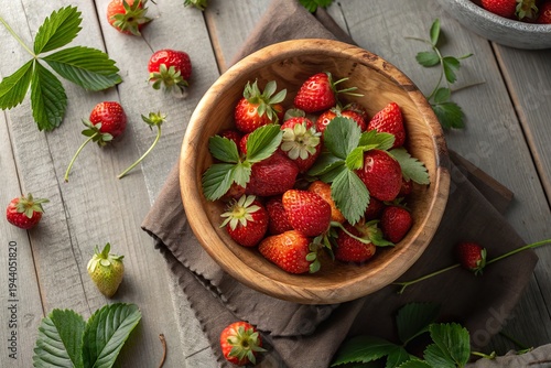 Freshly picked strawberries in a wooden bowl on a rustic table, surrounded by green leaves and scattered fruit