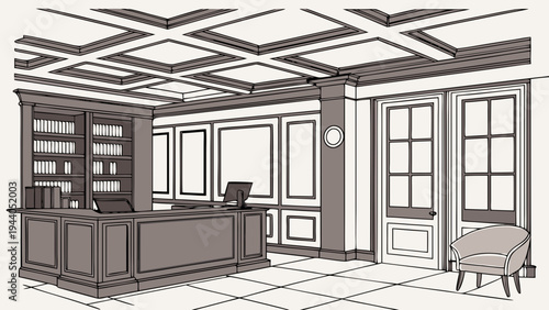 A minimalist vector illustration of a modern office reception area with a desk and chair