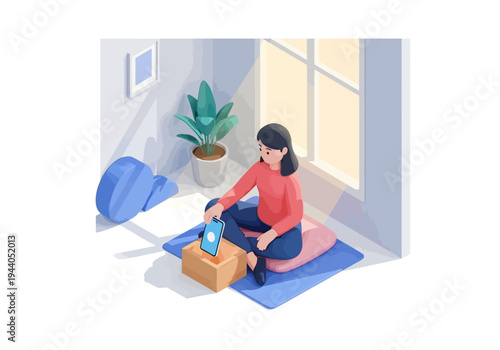 Young woman placing phone into donation box, illustration of generosity and giving back to community