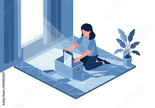 Woman packing items into a box, organizing belongings for moving or storage, decluttering home