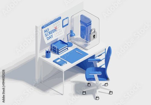 Desk with Calendar 'No Screen Day' and Locked Device, Promoting Digital Detox and Privacy