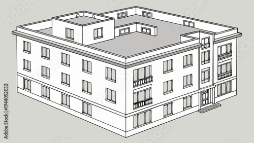 A detailed vector illustration of a modern multi-story building with balconies and a flat roof