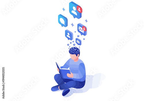 Person reading a book and learning about social media notifications, representing digital communication and online interaction