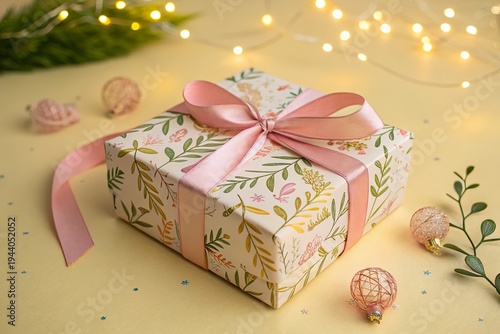 Gift box beautifully wrapped with floral design and pink ribbon, surrounded by decorative elements
