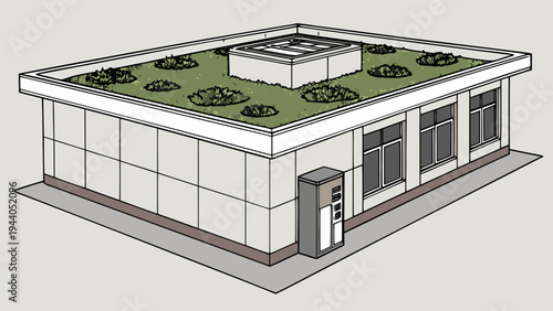 A modern building with a green roof and a minimalist design