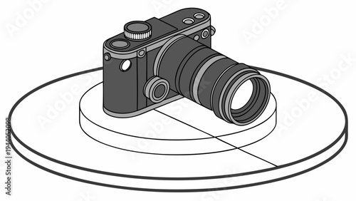 A minimalist vector illustration of a camera on a turntable, showcasing a sleek design