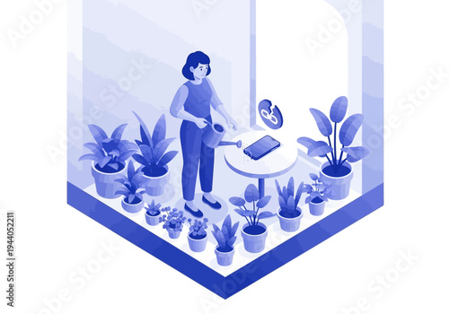 A woman tending to her indoor plants, watering them with a watering can in a sunlit room