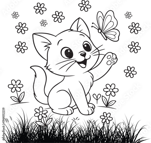 Cute Kitten with Butterfly and Flowers Coloring Page for Kids Line Art