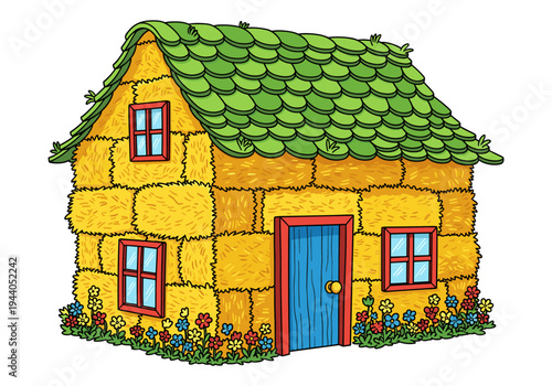 Whimsical cartoon house made of hay bales with a green roof and colorful flowers