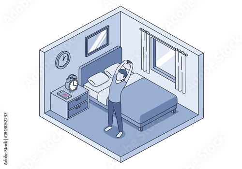 Man stretching in bed in a bedroom at home with an alarm clock on a nightstand