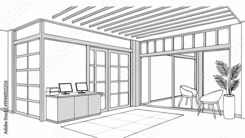 A modern office interior with minimalist design and open space