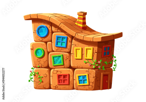 Whimsical cartoon stone house with colorful windows and a crooked roof